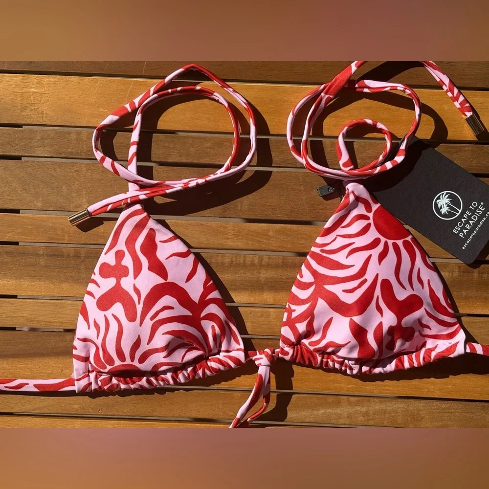 XS NWT Escape to Paradise Pink & Red Barbie pop Hawaiian Sunset Triangle Bikini